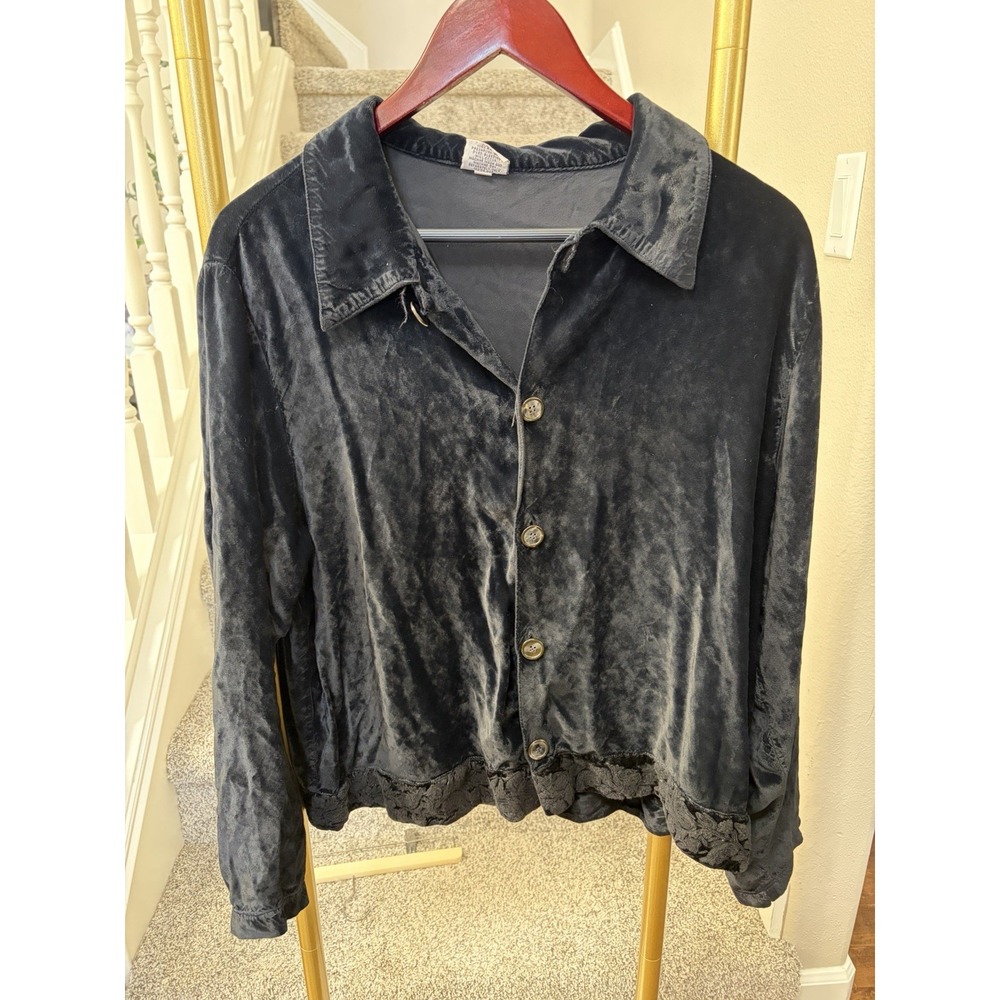 Y2K 90s Black Velvet Button Front Top Velour Witchy Goblin Glam Ornate Trimmed M